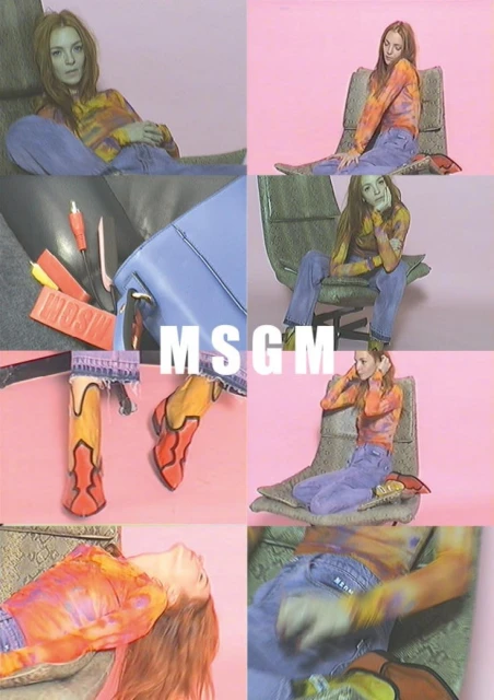 Fashion editorial featuring a long-haired woman in a tie-dye shirt and jeans, seated in various poses against a pink backdrop.