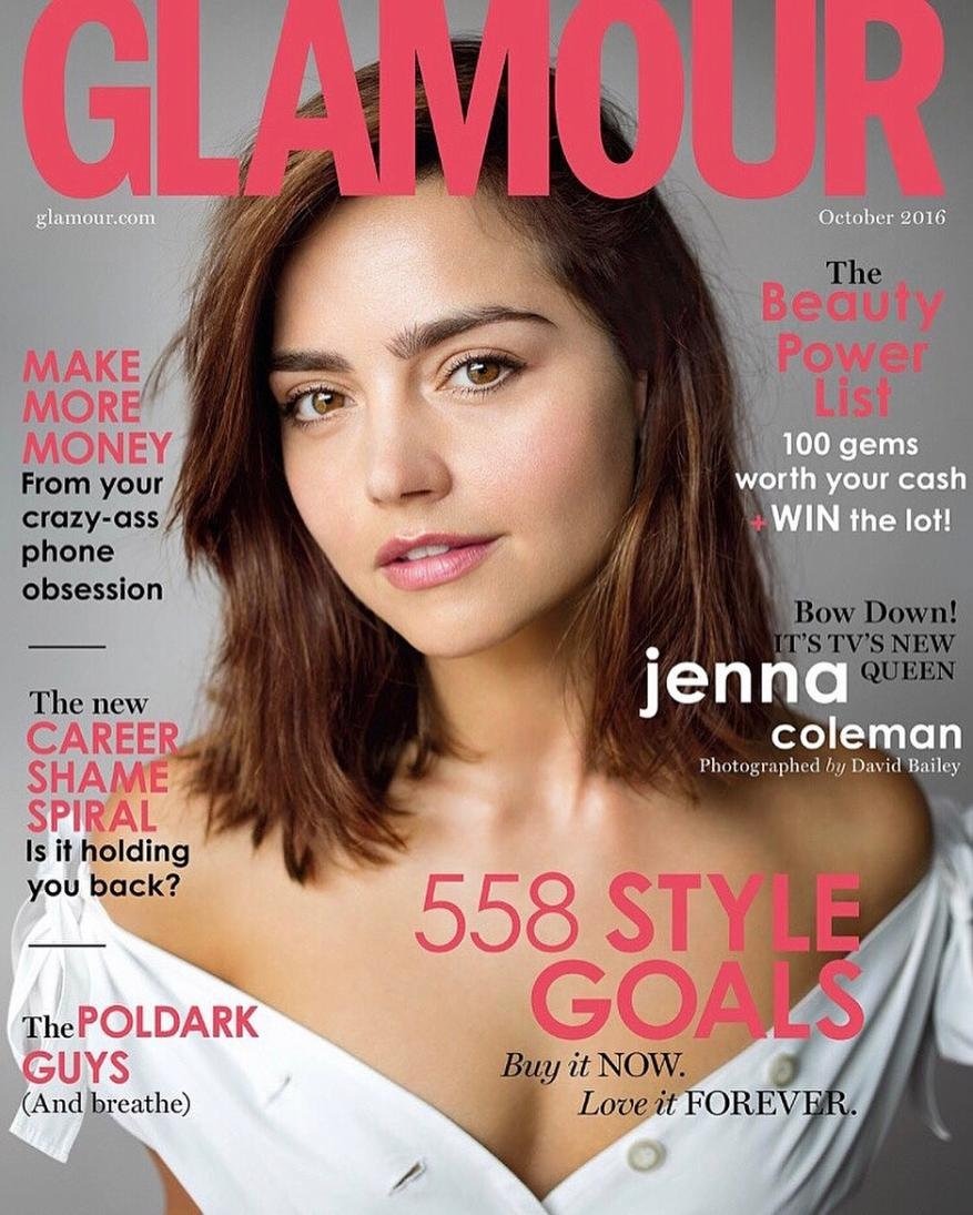 Glamour magazine cover featuring a close-up of Jenna Coleman with fair skin, light brown hair, wearing a white top against a grey backdrop.