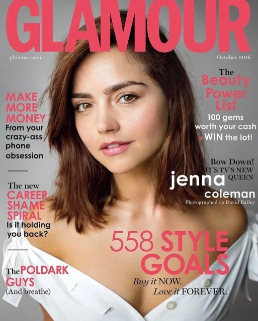 Glamour magazine cover featuring a close-up of Jenna Coleman with fair skin, light brown hair, wearing a white top against a grey backdrop.