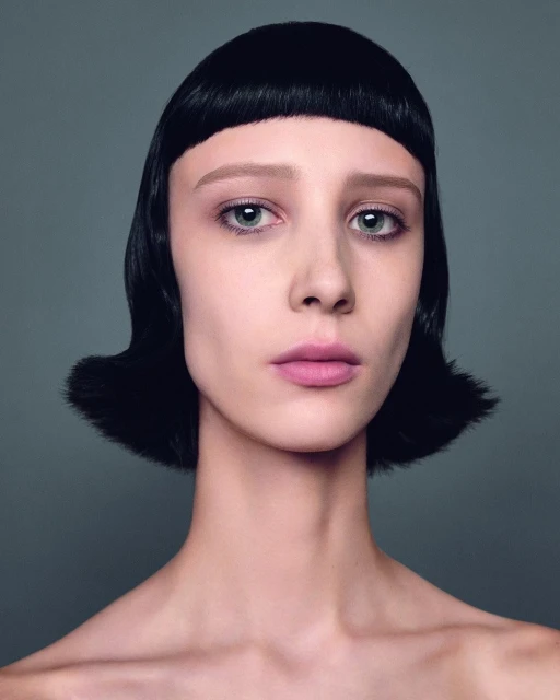 Close-up portrait of a woman with a blunt black bob hairstyle against a neutral gray background. Makeup is minimal with light pink lips.