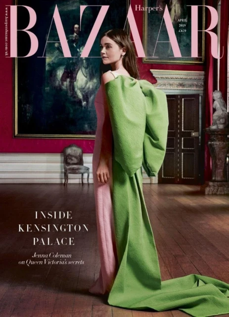 Fashion magazine cover featuring Jenna Coleman in a pink gown with a large green bow, posing inside Kensington Palace with antique artwork.