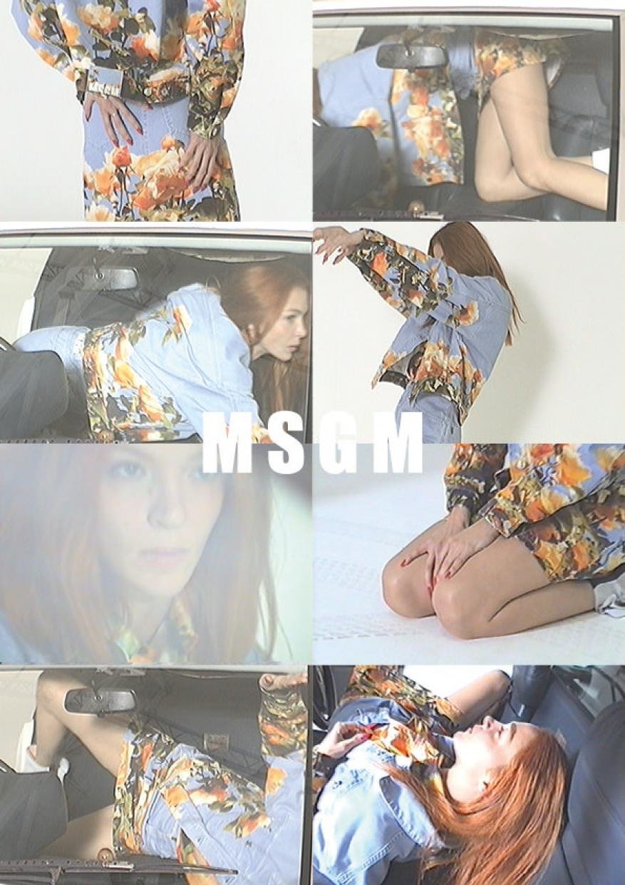 Fashion layout features a red-haired adult female model wearing a floral-print shirt and denim shorts posing in various car interior views.