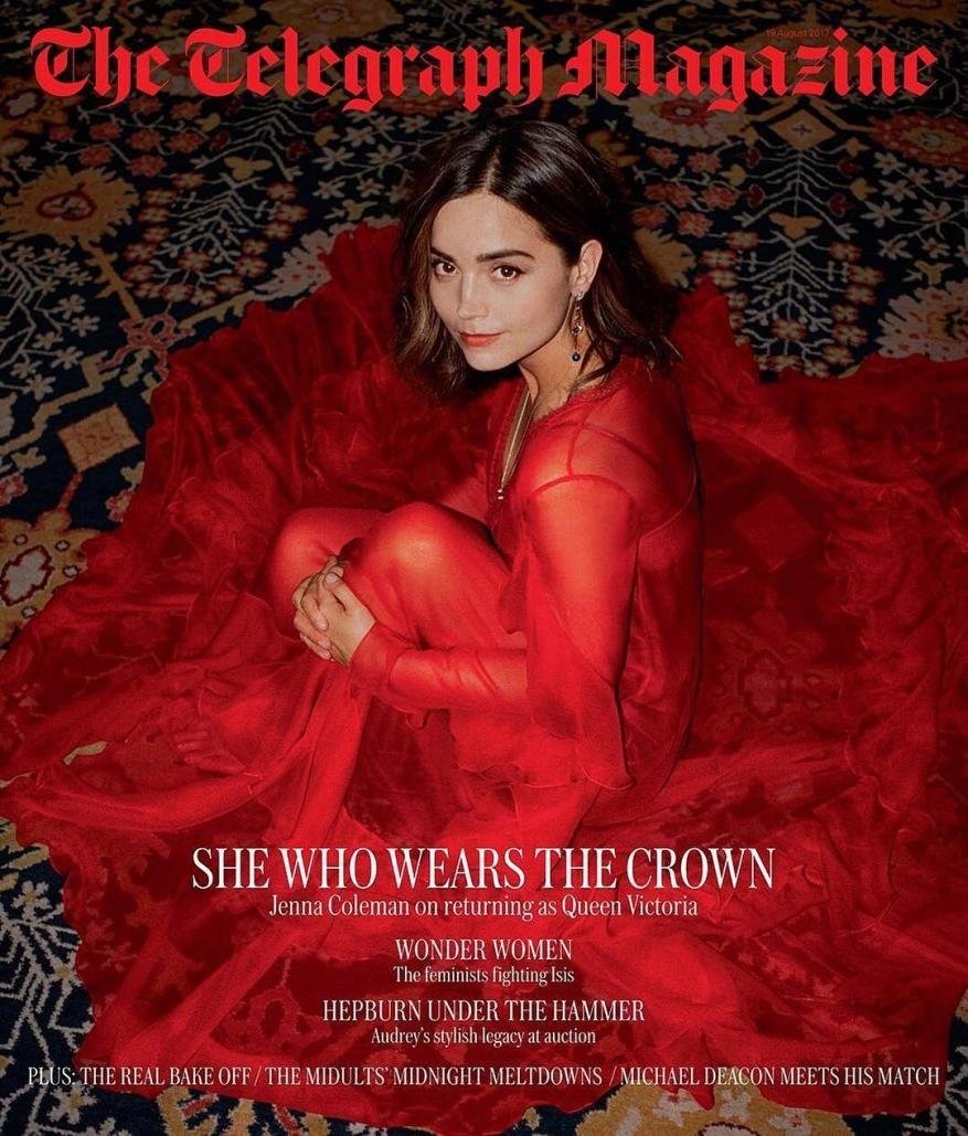 Jenna Coleman wears a red dress on the cover of The Telegraph Magazine. The image features the actress seated on an ornamental rug.