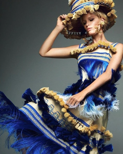 Fashionable woman in a blue and tan dress and hat with fringe, posing in studio lighting. Statement earrings add to the stylish look.