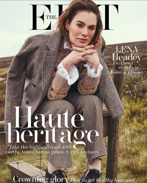 Magazine cover featuring Lena Headey in a tweed suit, posing outdoors with natural light and a rural background, promoting fashion and celebrity.