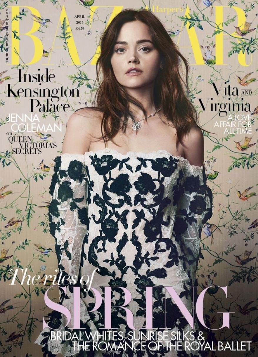 Jenna Coleman graces Harper's Bazaar cover with floral backdrop, wearing an off-the-shoulder dress, against a backdrop of springtime motifs.