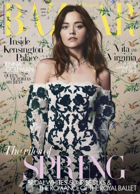 Jenna Coleman graces Harper's Bazaar cover with floral backdrop, wearing an off-the-shoulder dress, against a backdrop of springtime motifs.
