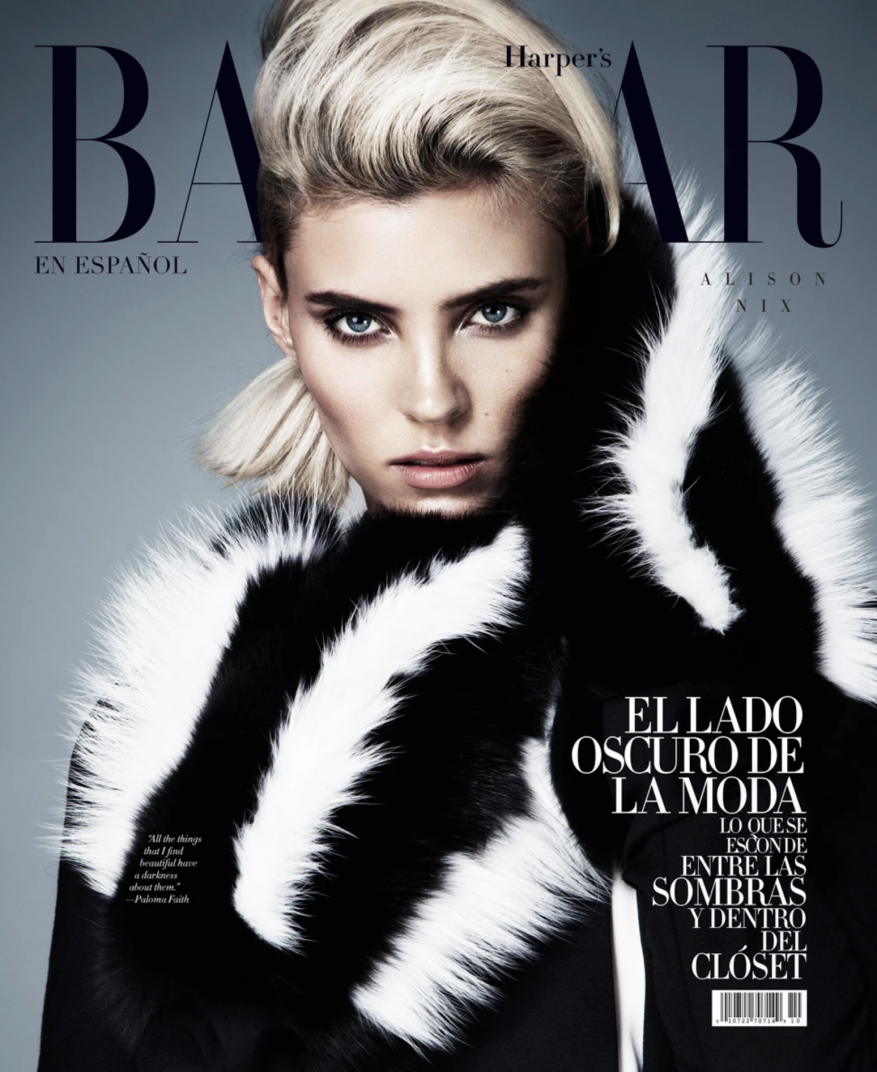 Magazine cover featuring a blonde woman with a fur collar, promoting dark fashion. Harper's Bazaar logo is visible on the top.