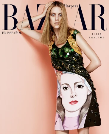 Model Julia Frauche wearing an embellished graphic dress for Harper's Bazaar en Espanol styled by Mary Fellowes