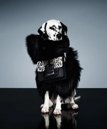 Dalmatian dog wearing a black faux fur coat and leopard print handbag against a grey studio backdrop.