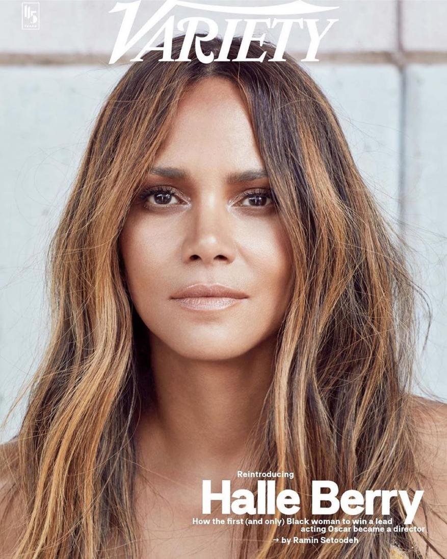 Magazine cover featuring Halle Berry with long brown hair, against a neutral background, showcasing Variety branding and editorial text.