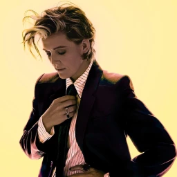 Portrait of a woman adjusting her dark tie while wearing a pinstripe shirt and blazer against a warm gradient background.