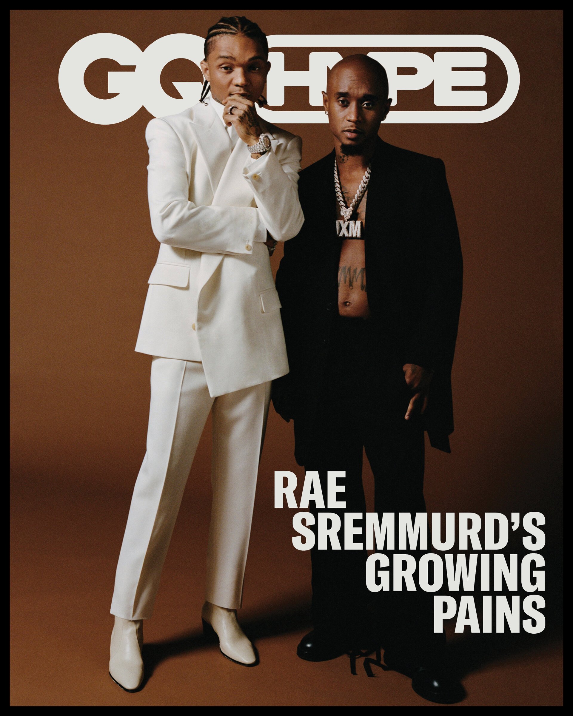 GQ magazine cover featuring Rae Sremmurd: Swae Lee in white suit, Slim Jxmmi in black suit, posing against a solid brown backdrop.
