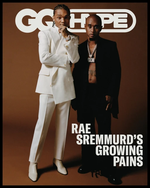 GQ magazine cover featuring Rae Sremmurd: Swae Lee in white suit, Slim Jxmmi in black suit, posing against a solid brown backdrop.
