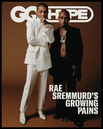 GQ magazine cover featuring Rae Sremmurd: Swae Lee in white suit, Slim Jxmmi in black suit, posing against a solid brown backdrop.