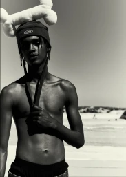 Shirtless man wearing a dark beanie with chin straps and a large plush bone balanced on his head against an outdoor backdrop.