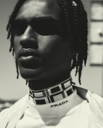Close-up monochrome portrait of a Black man with braided hair wearing a branded turtleneck and white jacket outdoors.