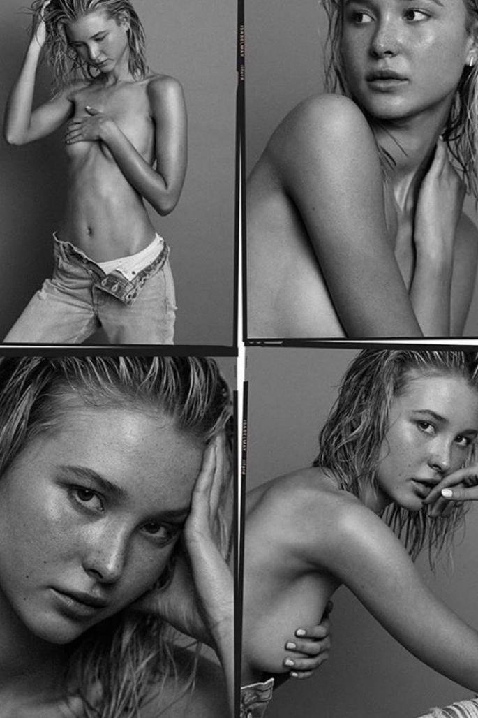 Monochrome portrait of a blond woman with wet hair, posing partially undressed, set against a solid grey background, cropped into four sections.