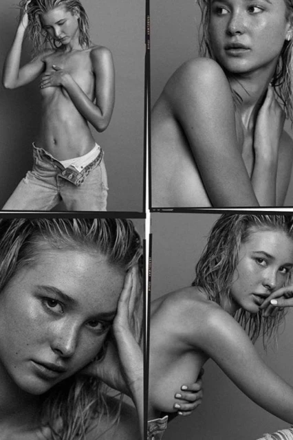 Monochrome portrait of a blond woman with wet hair, posing partially undressed, set against a solid grey background, cropped into four sections.