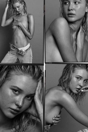 Monochrome portrait of a blond woman with wet hair, posing partially undressed, set against a solid grey background, cropped into four sections.