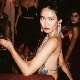 East Asian woman in a shimmering crystal halter top with long fringe earrings holding a cocktail at a party