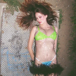 Overhead portrait of a woman lying on a metal grate wearing a mesh dress, lime green top, and blue underwear with feather trim.