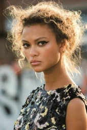 Close-up portrait of a woman with curly hair wearing a dark sequined sleeveless top and winged eyeliner by makeup artist Melissa Rogers