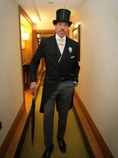 Man in formal black suit and top hat stands indoors holding umbrella, posing in brightly lit hallway with cream walls and green carpet.