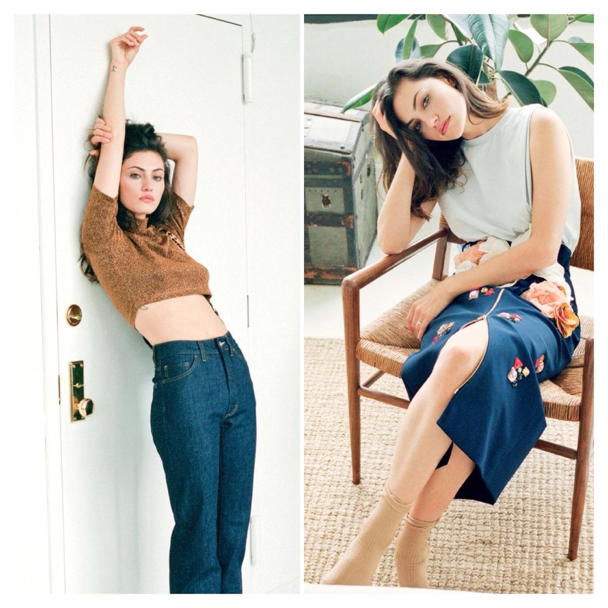 Two women in split-screen fashion shot. One poses in brown crop top and jeans against a white door. The other sits on a chair in a skirt.