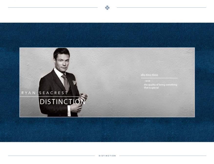 Promotional image of Ryan Seacrest in a dark suit and tie, posing in front of a textured off-white background with blue accents and text.