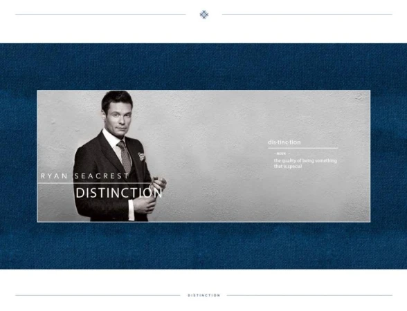 Promotional image of Ryan Seacrest in a dark suit and tie, posing in front of a textured off-white background with blue accents and text.