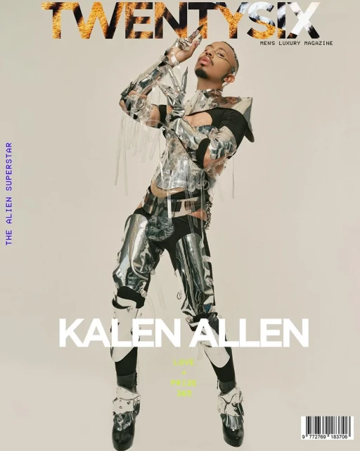 Magazine cover featuring Kalen Allen wearing a futuristic metallic outfit, posing against a neutral background. Bold typography overlay.