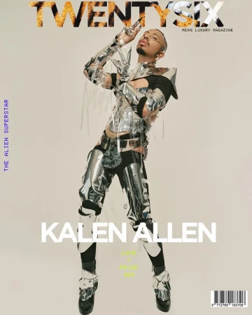 Magazine cover featuring Kalen Allen wearing a futuristic metallic outfit, posing against a neutral background. Bold typography overlay.
