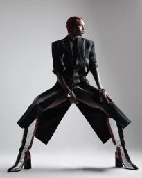 Model with red hair wearing a dark blazer, long coat, and heeled boots in a wide stance pose