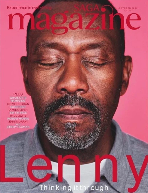 Saga magazine cover featuring an African American man with closed eyes against a pink background, text includes magazine title and 'Lenny'.