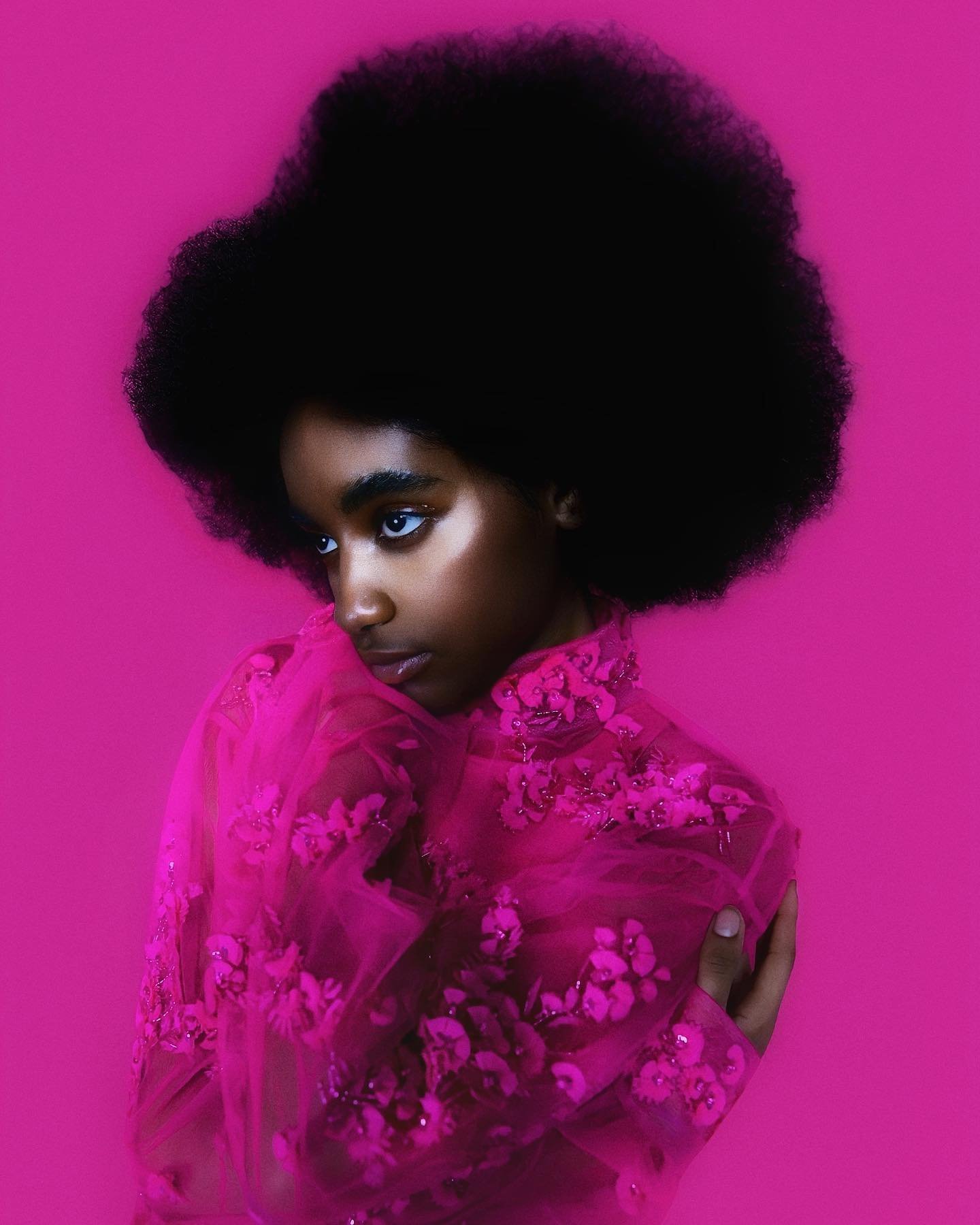 Portrait of Black model with big afro in semi-sheer, beaded magenta blouse against vibrant pink background in photo studio lighting.