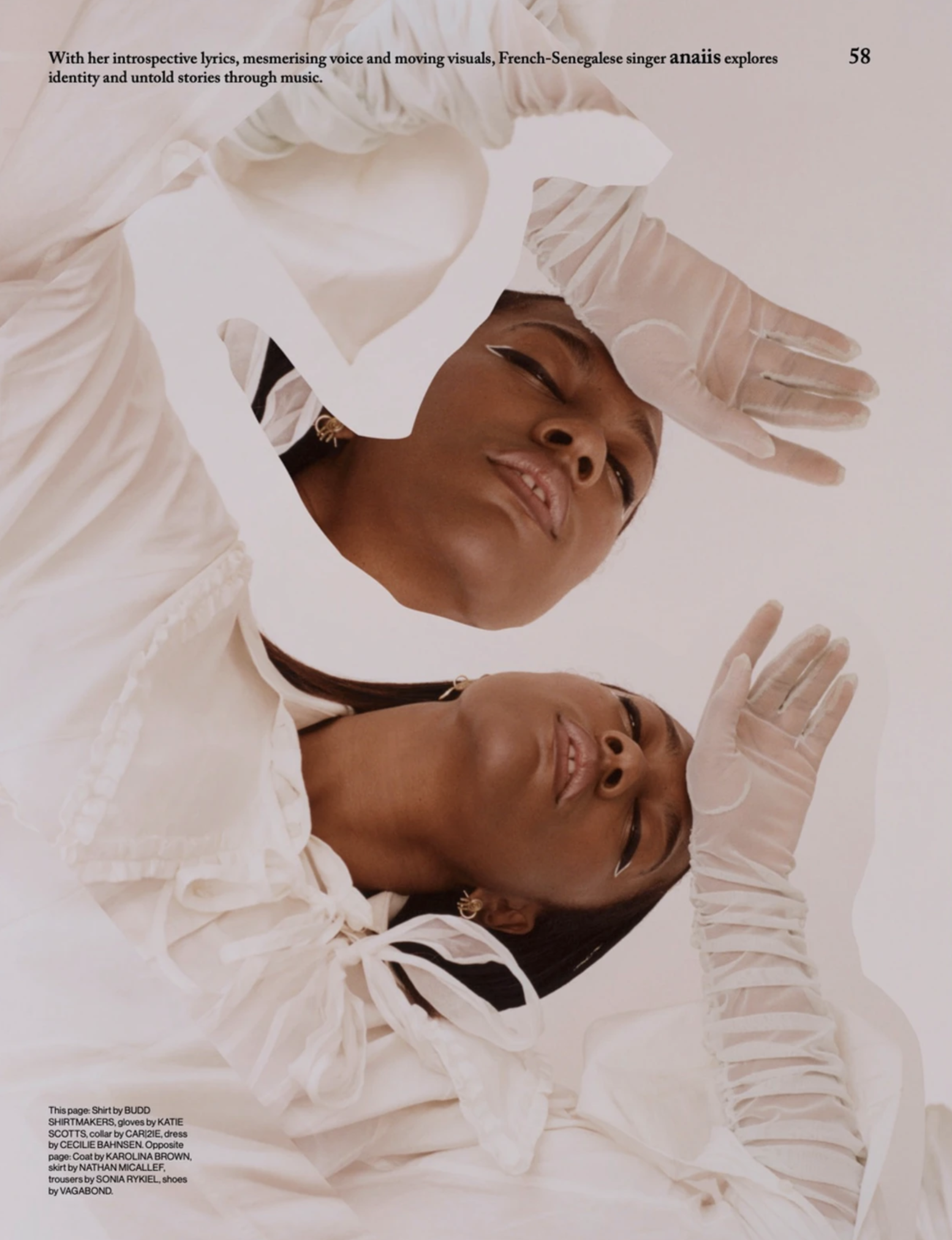 Two portraits of a woman wearing sheer gloves and a dress with a bow against a bright white background in a fashion editorial.
