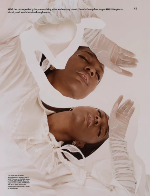 Two portraits of a woman wearing sheer gloves and a dress with a bow against a bright white background in a fashion editorial.