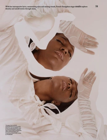 Two portraits of a woman wearing sheer gloves and a dress with a bow against a bright white background in a fashion editorial.