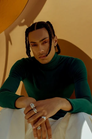 Young man with braided hair wearing a dark green turtleneck and silver rings, posed against a warm golden structural background.