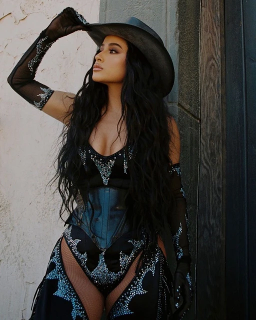 A striking studio shot of a woman in a cowboy hat and embellished bodysuit, posing against a textured wall and wooden doorway.