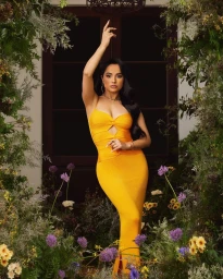 Becky G in a yellow strapless cutout gown framed by lush floral greenery styled by Morgan Pinney