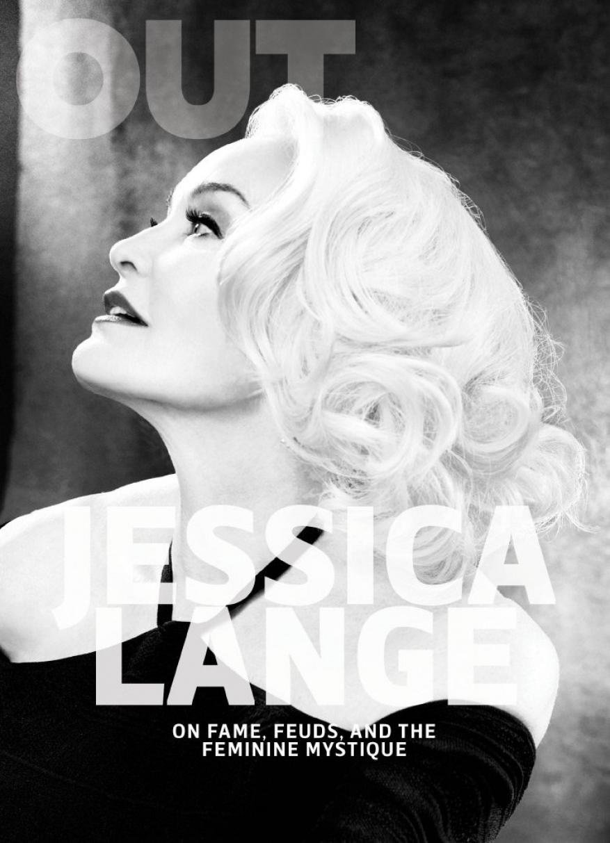 Black and white portrait of actress Jessica Lange on the cover of OUT magazine, featuring a close-up shot of her in profile.