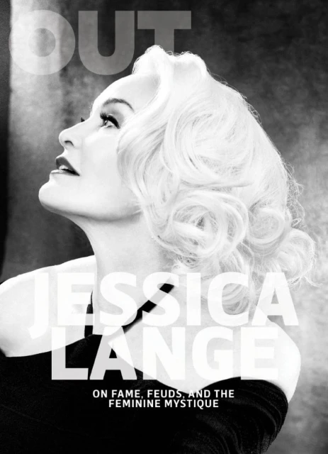 Black and white portrait of actress Jessica Lange on the cover of OUT magazine, featuring a close-up shot of her in profile.