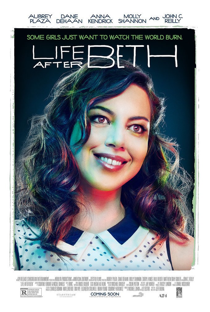 Movie poster for 'Life After Beth' featuring a portrait of Aubrey Plaza smiling with dark curly hair and a white dress with polka dots.