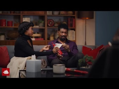 An African American man and woman sit on a couch with a box of tissues and cleaning spray in a modern living room setting.