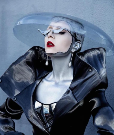 Model showcases a futuristic fashion ensemble with clear hat, dramatic makeup, and a shiny black coat against a neutral background.