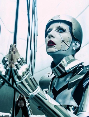 Woman with silver helmet and shoulder pads kneels looking up, in an angular, modern space. Eyelashes and lipstick are visible, close up.
