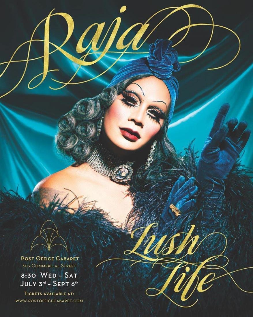 Drag queen Raja poses in a promotional poster for Lush Life at the Post Office Cabaret, adorned with feathers and jewelry on a blue backdrop.
