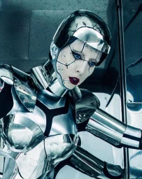 Close-up of a model wearing futuristic silver metallic armor and a matching helmet with detailed face paint by make-up artist Nicholas Gonzalez.